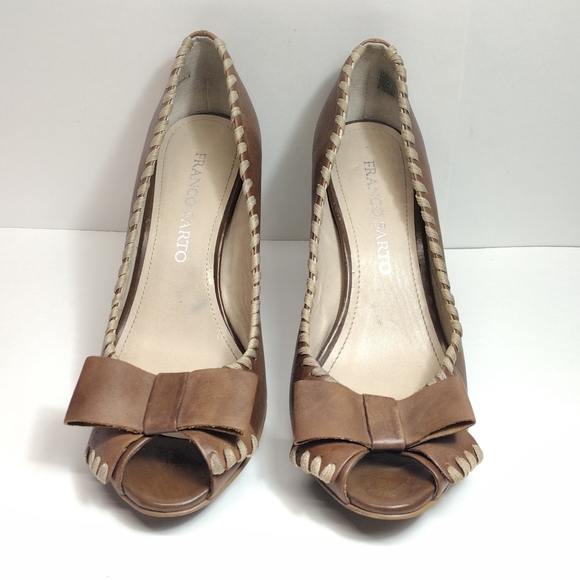 Franco Sarto Flicker Leather Laced Edge Peep Toe Heel l Size 8 M l Tan Cream - Picture 3 of 13
